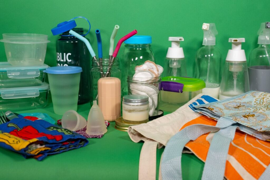 DIfferent types of plastics such as containers, cups, bottles